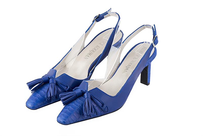Electric blue women's open back shoes, with a knot. Tapered toe. Medium slim heel. Front view - Florence KOOIJMAN